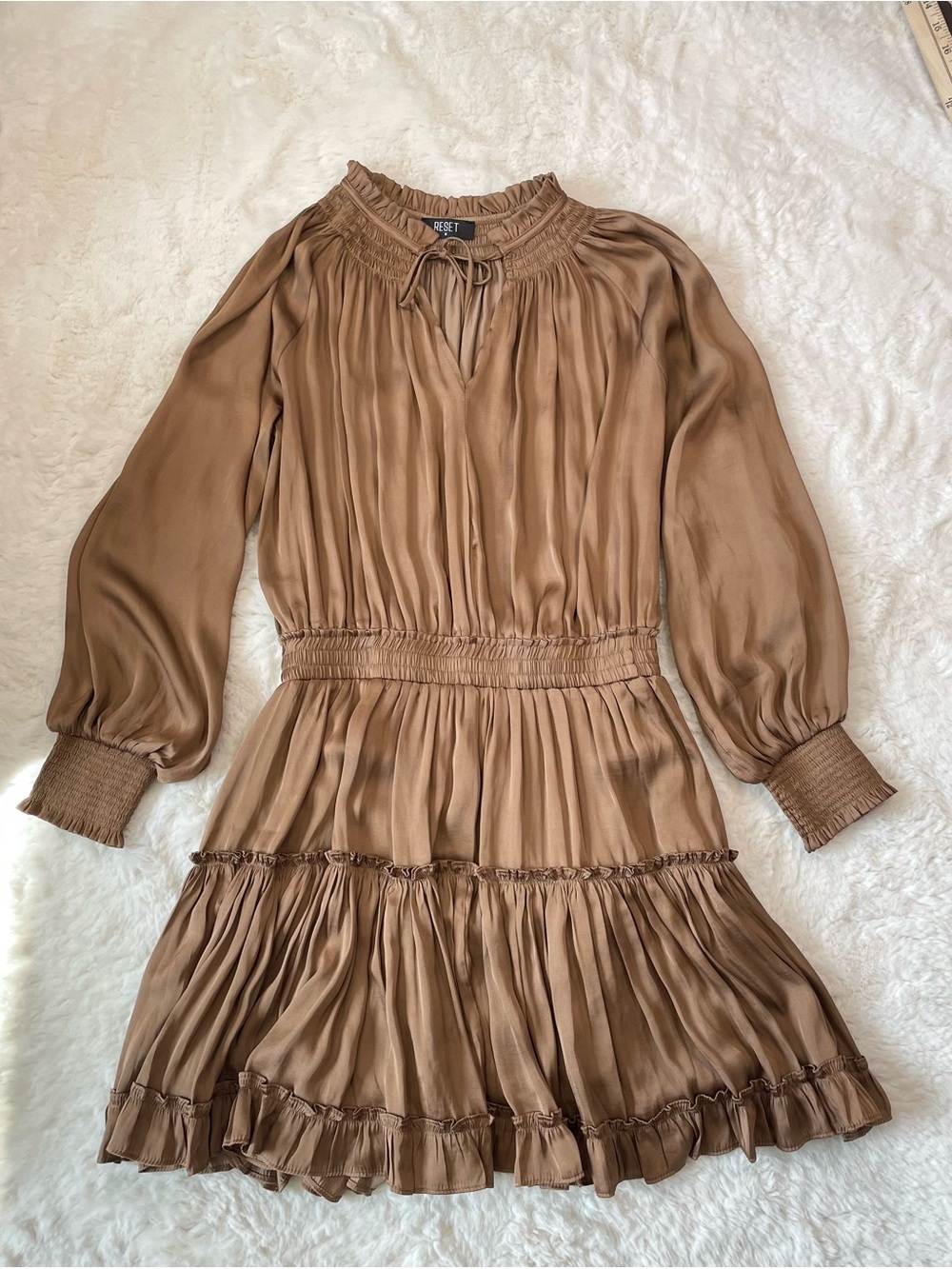 RESET Brown Long-Sleeve Smocked Waist Midi Dress